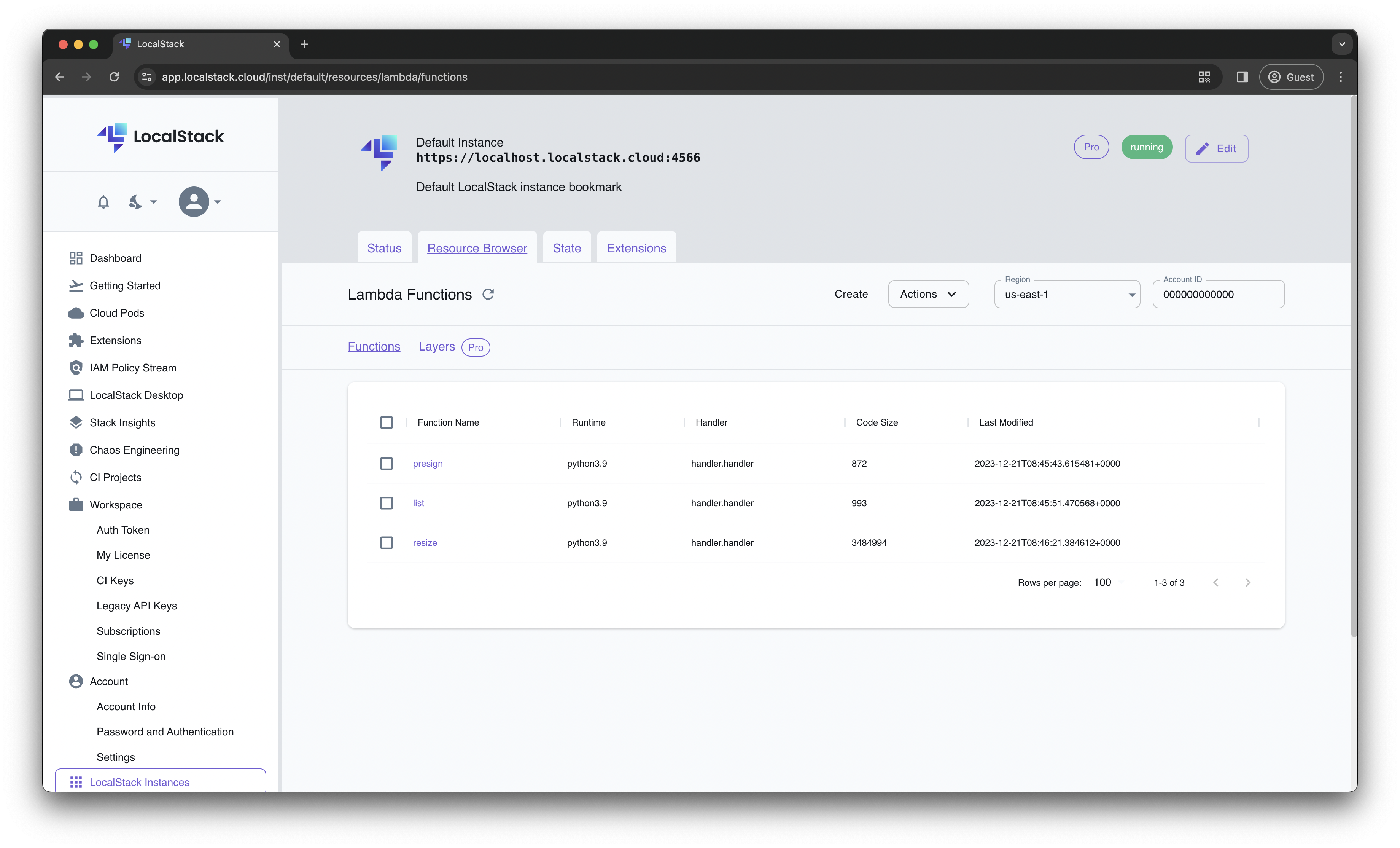 The Lambda Resource Browser Page of the LocalStack Web Application